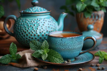 Foto op Aluminium tea pot and cup next to mint leaves, in the style of rustic texture, exotic, dark amber, selective focus. Generative AI © Skiffcha