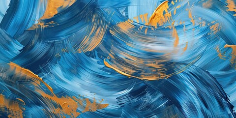 An abstract artistic background. Vintage illustration, feathers, blue, gold brushstrokes.