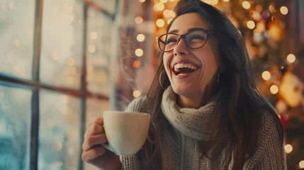 Poster Portrait of joyful young woman enjoying a cup of coffee at home. Smiling pretty girl drinking hot tea in winter. Excited woman wearing spectacles and sweater and laughing in an autumn day © Emil