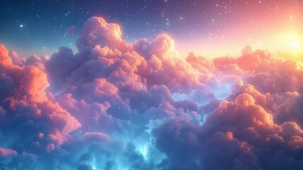 Obraz na płótnie Canvas Fantasy sky with fluffy, glowing clouds under stars