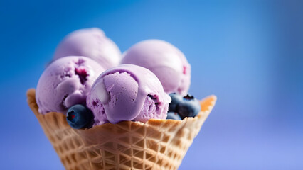 Close-up of blueberry ice cream with blueberries in a waffle cone