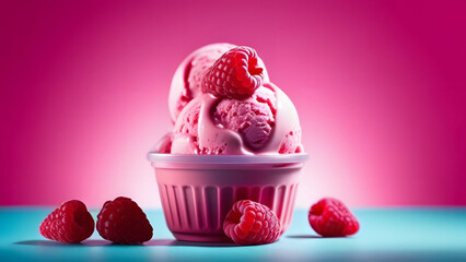 Close-up of raspberry ice cream scoops with raspberries in a bowl on a pink background