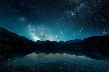 Mountainous lake under starry night sky, surrounded by natures beauty