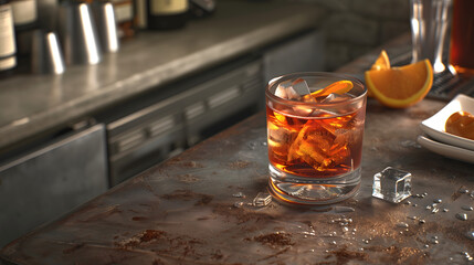 A glass of Negroni cocktail with ice and orange peel, elegantly placed on a rustic industrial bar...