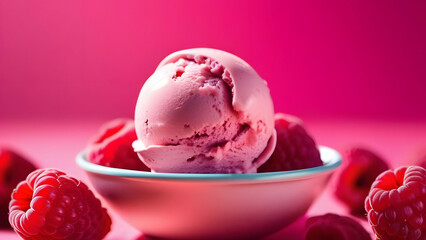 Close-up of raspberry ice cream scoops with raspberries in a bowl on a pink background