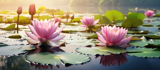 Scenic view of beautiful lotus flowers floating on the surface of the water with the sun shining through the green leaves