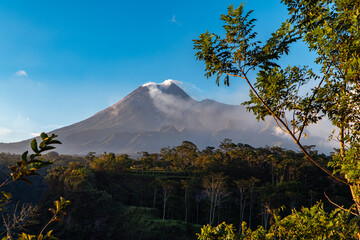 Fototapeta premium Very clear panorama of Mount Merapi in the evening with grass and fallen trees in the foreground. Mount Merapi in Yogyakarta, Indonesia is truly enchanting in the evening