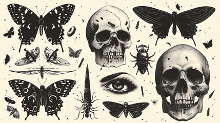 A set of hand-drawn illustrations of skulls, butterflies, and other insects.