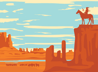 Vector Western landscape with silhouettes of Indian on horseback and buffalo herd at the wild American prairies. Decorative illustration, Wild West vintage background - 769077123