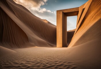 door is open in the middle of a desert, with rippled sand dunes surrounding it. The sky has clouds that cast shadows on the sand. - 769077166