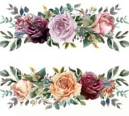 Watercolor floral garland of burgundy and pink roses with greenery in neutral colors isolated on a white background, clipart style with margins, as a full page design with a vintage, cottagecore style