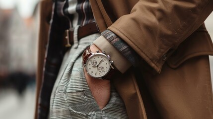 A man wearing a brown jacket and gray pants checks the time on his wristwatch.