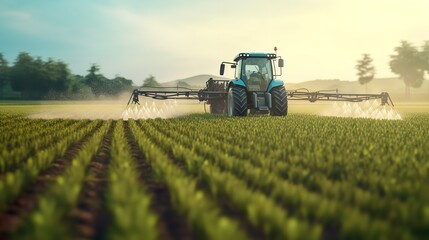 Obraz premium Agriculture: Tractor Spraying Fertilizer on Agricultural Field