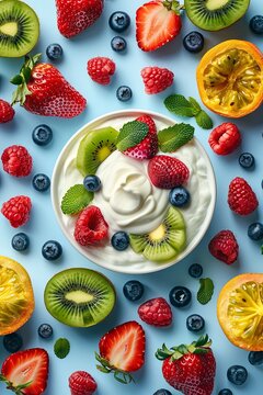 Luscious bowl of Greek yogurt surrounded by fresh berries and tropical fruits
