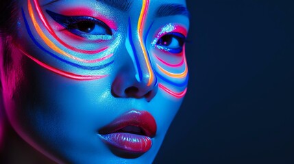 Portrait of a young woman with bright neon makeup. She is looking at the camera with her lips slightly parted.