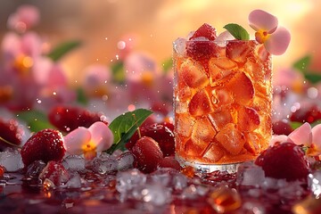 an AI image featuring a close-up of a meticulously crafted fruit cocktail with insane details,...