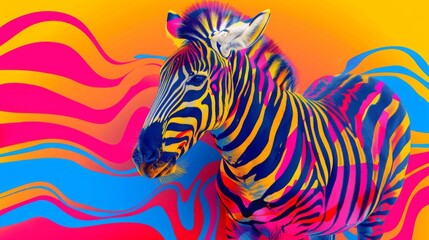 A zebra with a rainbow stripe pattern on its body. The zebra is standing in front of a colorful background