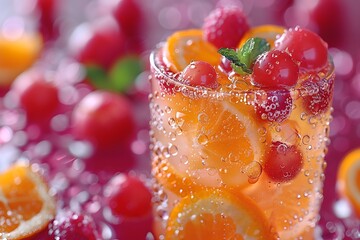 an AI image featuring a close-up of a meticulously crafted fruit cocktail with insane details, tailored for magazine-quality food photography
