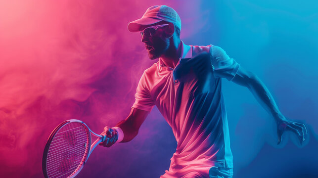 Tennis player in neon light against multicolored background. Sport, motion, action, active lifestyle, achievements, goals. Energetic and vibrant.