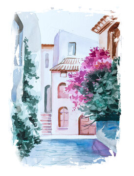 European building illustration. Watercolor house painting.