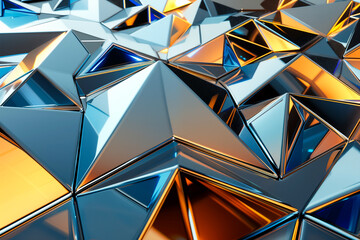 Assortment of multifaceted geometric shapes, lustrous surface that appears metallic. Configuration of triangles and polygons shimmer with blues and golds, creating an abstract pattern