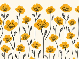 simple mustard flower pattern, lino cut, hand drawn, fine art, line art, repetitive, flat vector art copy space blank photo background