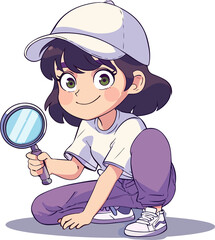 girl with magnifying glass detective  transparent background