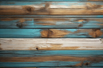 Brown and white and turquoise old dirty wood wall wooden plank board texture background with grains...