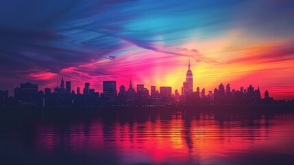 Skyline: A city's silhouette against a colorful sunset - obrazy, fototapety, plakaty