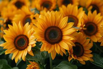 The vibrant yellow of sunflowers basking in the sun, radiating joy and optimism in their sunny disposition. Concept of radiant positivity. Generative Ai.