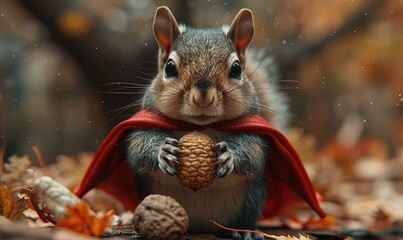A squirrel in a red coat in an autumn forest holds a nut in its paws