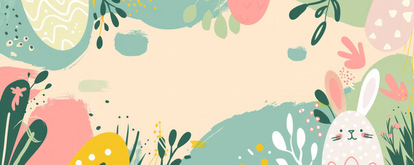 Happy Easter background with cute hand drawn eggs, bunny and abstract shapes on a pastel background