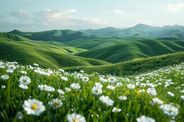 Fotobehang The verdant green of rolling hills dotted with wildflowers, inviting hikers and wanderers to explore the natural splendor. Concept of bucolic beauty. Generative Ai. © Sebastian