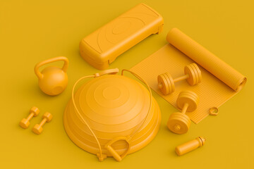 Isometric view of sport equipment like kettlebell, fitness ball and yoga mat