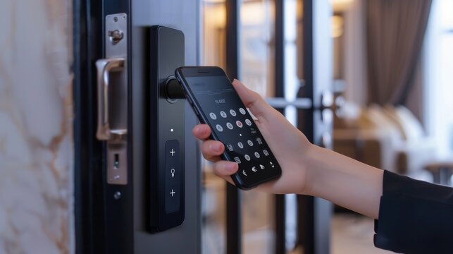 Closeup of a woman's finger entering password code on the smart phone and digital touch screen keypad entry door lock in front of a hotel room or apartment, Modern security, Smart device concept.