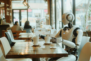 Alone robot sitting in bright cafe - obrazy, fototapety, plakaty