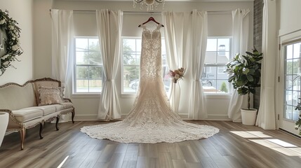 A beautiful wedding dress hangs in a window. The dress is made of delicate lace and has a long train.