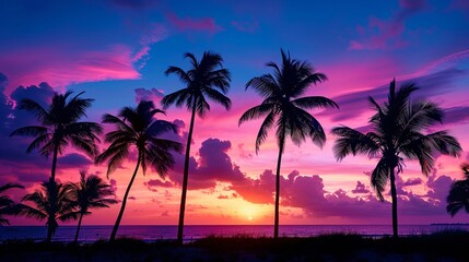 Fototapeta na wymiar silhouette image of palm trees swaying in the breeze against a vibrant sunset sky, evoking the pure essence of a tropical paradise