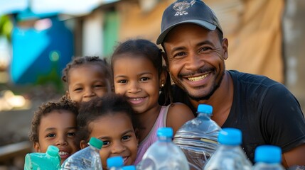 The family collected plastic for recycling. Family photo of a happy father and his four daughters on the background of the work done - obrazy, fototapety, plakaty