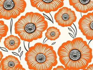 simple orange flower pattern, lino cut, hand drawn, fine art, line art, repetitive, flat vector art copy space blank photo background