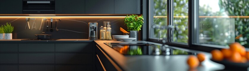 modern kitchen with various smart appliances The shot should be handheld, capturing the sleek design and functionality