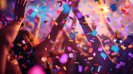 Happy young people dancing at a party with confetti in the air
