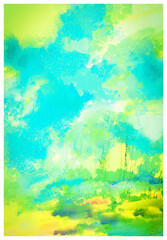 Impressionistic Deciduous Trees - In Green, Yellow& Blue - Digital Painting, Artwork, Illustration, Art, Design