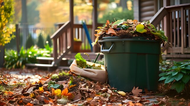 Pile of dead fall leaves dumped into plastic bin