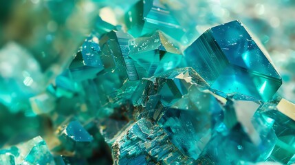 Amazing close-up of teal and blue glowing mineral crystals. Beautiful abstract background with shiny gemstones.