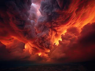 Fotobehang the sky becomes a canvas of chaos. Ash clouds billow and darken the sky, turning day into night. Molten lava flows like rivers of fire, painting the landscape in shades of red and orange. ©  Photography Magic