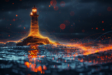 A historic lighthouse guiding ships at sea contrasted with a network of satellite navigation systems. Concept of maritime navigation. Generative Ai. - Powered by Adobe