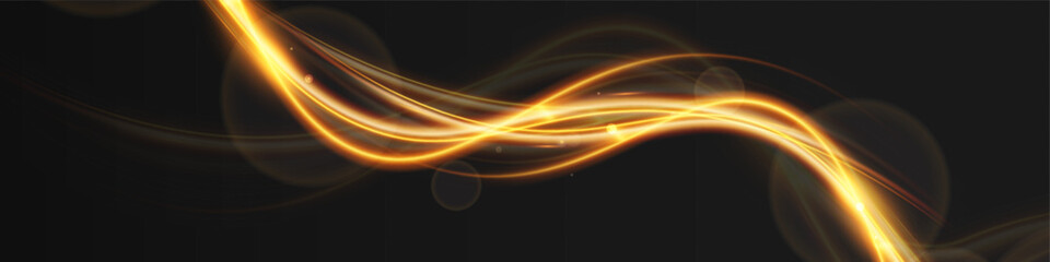 Light wave of shiny gold lines.Gold color glowing design element.Wavy bright stripes.

