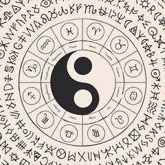Vector circle of Zodiac signs with hand-drawn yin yang oriental symbol. Retro banner with horoscope symbols for astrological forecasts. magic runes written in a circle