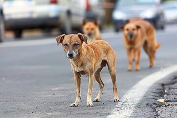 A dog is standing on the road next to a car